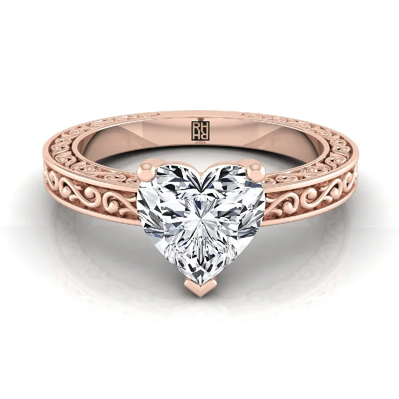 classic men’s wedding bands-14K Rose Gold Heart Shape Center Hand Engraved Scroll Vintage Solitaire Engagement Ring