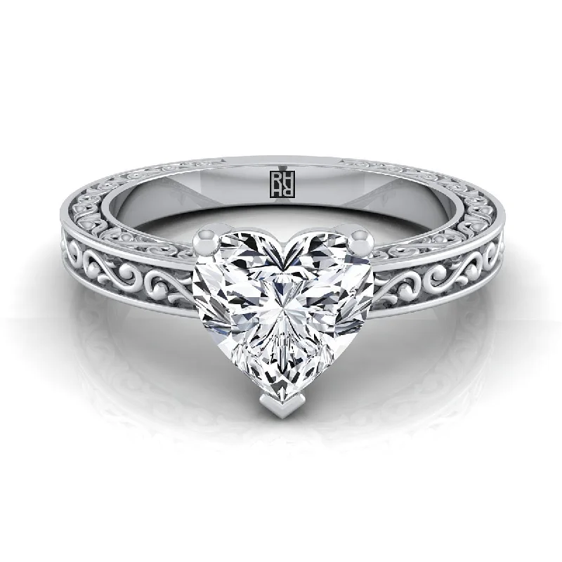 wedding rings for short fingers-14K White Gold Heart Shape Center Hand Engraved Scroll Vintage Solitaire Engagement Ring