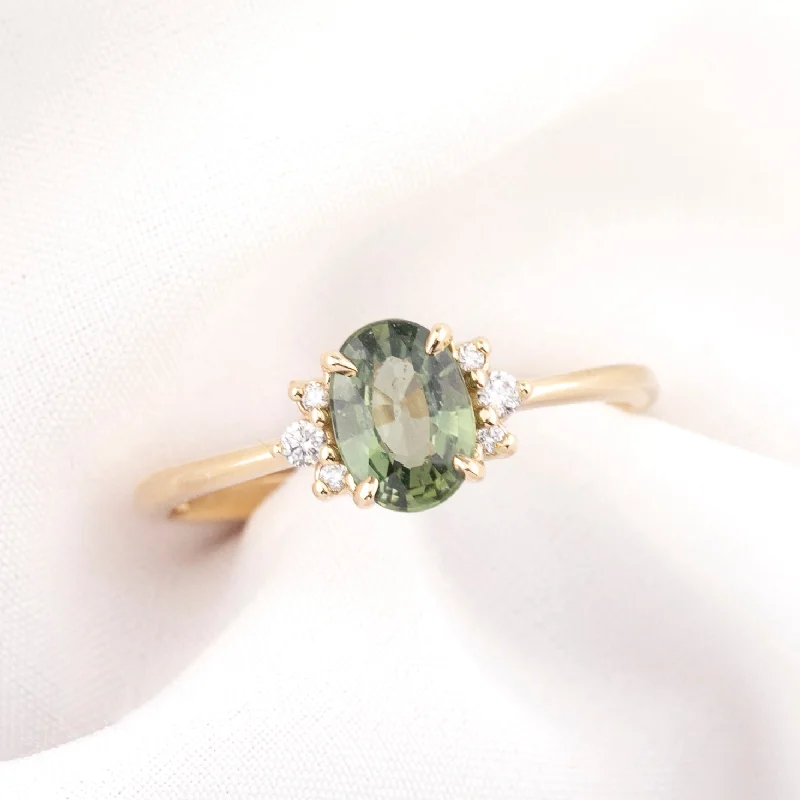 bridal engagement rings-Lena Ring 0.78ct Green Madagascar Sapphire, 14k Yellow Gold (One of a kind)