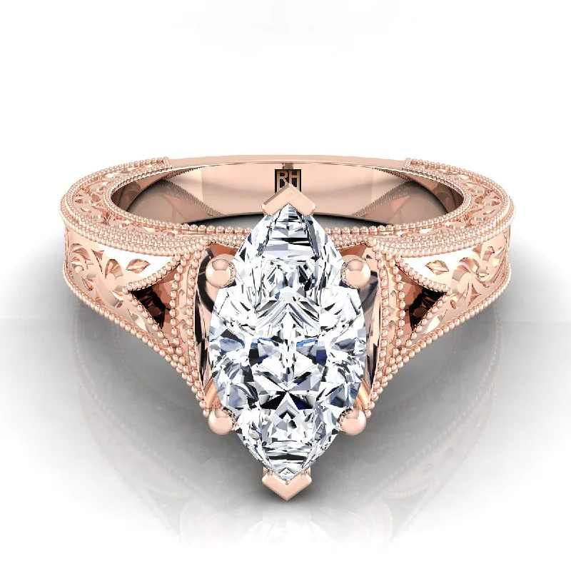 men’s custom wedding rings-14K Rose Gold Marquise   Hand Engraved and Milgrain Vintage Solitaire Engagement Ring