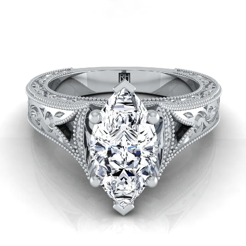 engagement rings with side stones-14K White Gold Marquise   Hand Engraved and Milgrain Vintage Solitaire Engagement Ring