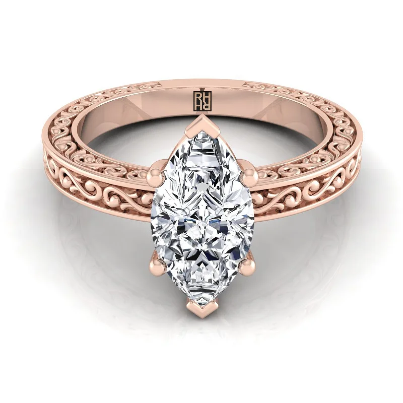 women’s birthstone engagement rings-14K Rose Gold Marquise  Hand Engraved Scroll Vintage Solitaire Engagement Ring