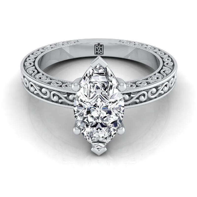 couples rings for women-14K White Gold Marquise  Hand Engraved Scroll Vintage Solitaire Engagement Ring