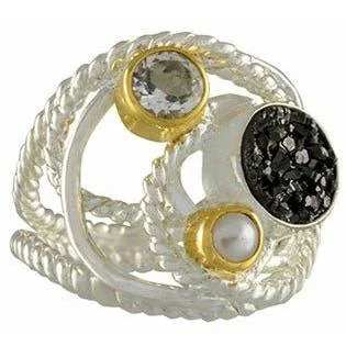 women’s wedding rings with sapphires-Michou Black Druzy Sterling Silver & Gold Vermeil Ring - Orbits Collection