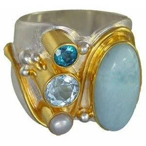 silver rings for women-Michou  Sterling Silver & Gold Larimar Vermeil Ring - Poseidon's Treasures Collection