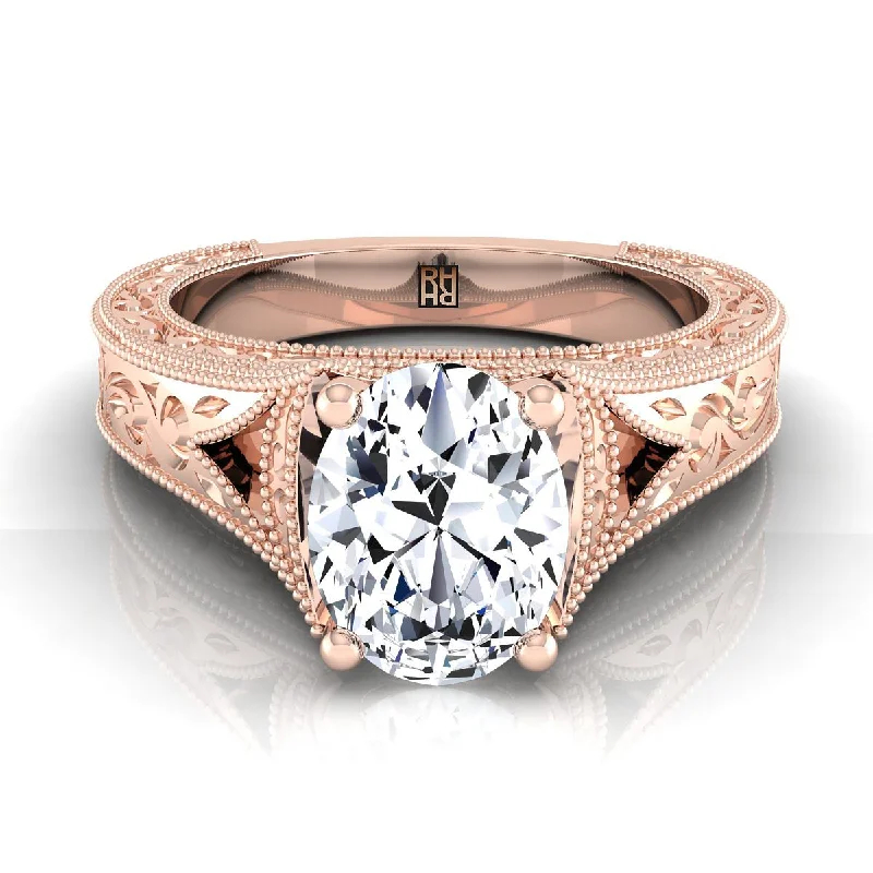 women’s engagement rings with gemstones-14K Rose Gold Oval  Hand Engraved and Milgrain Vintage Solitaire Engagement Ring