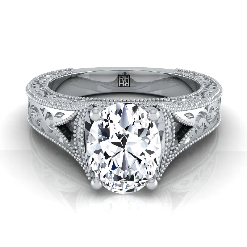 engagement rings for her-14K White Gold Oval  Hand Engraved and Milgrain Vintage Solitaire Engagement Ring