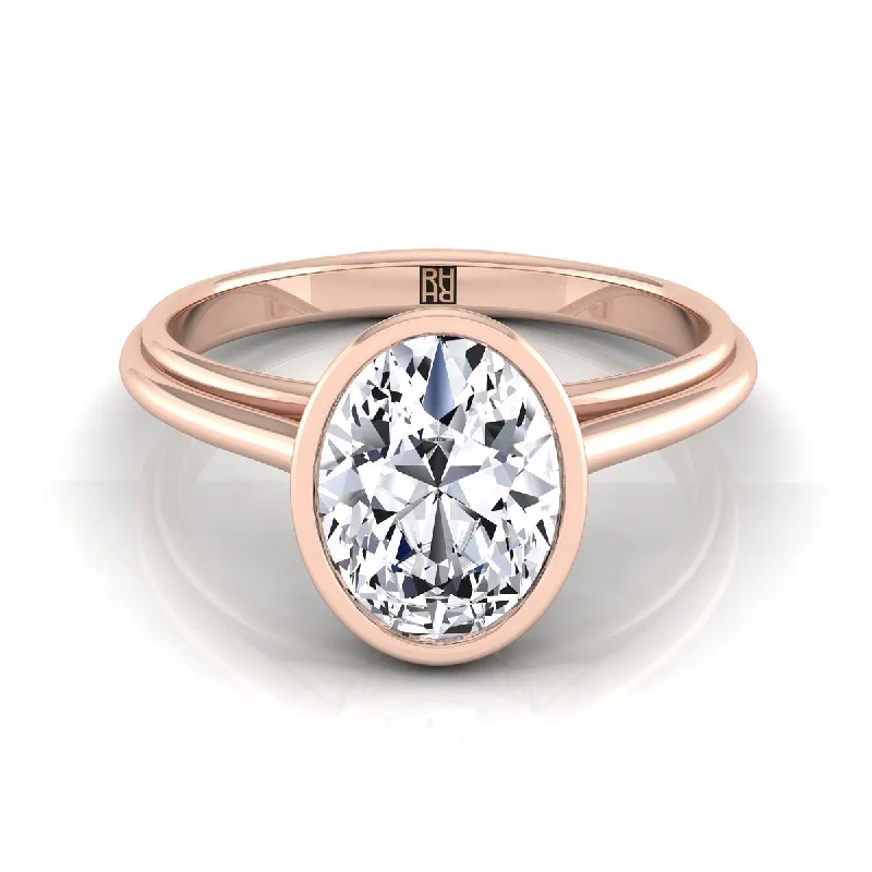 wedding rings with baguette diamonds-14K Rose Gold Oval  Bezel Halo Cathedral Solitaire Engagement Ring