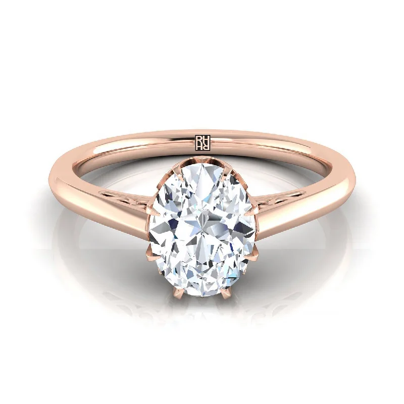 large diamond rings-14K Rose Gold Oval Antique Scroll Detail Solitaire Engagement Ring