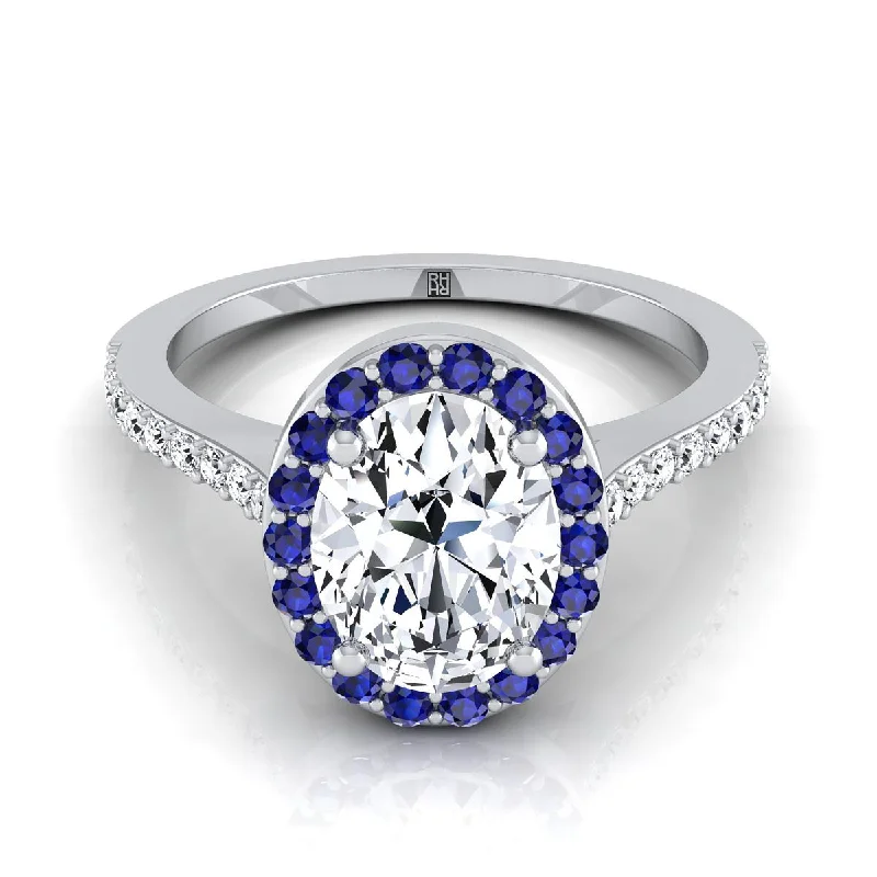 engraved wedding rings-14K White Gold Oval Classic French Pave Blue Sapphire Halo and Linear Engagement Ring -1/6ctw