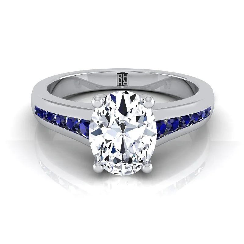 alternative wedding rings-14K White Gold Oval Contemporary Tapered Blue Sapphire Channel Engagement Ring