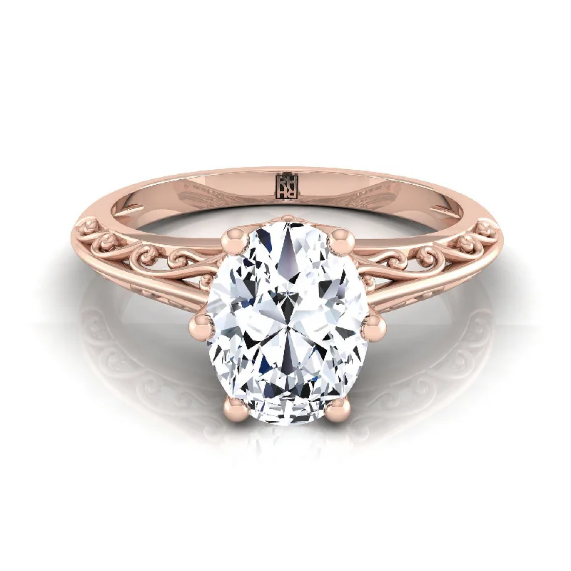 wedding rings with baguette diamonds-14K Rose Gold Oval  Delicate Vintage Scroll Cut Out Solitaire Engagement Ring