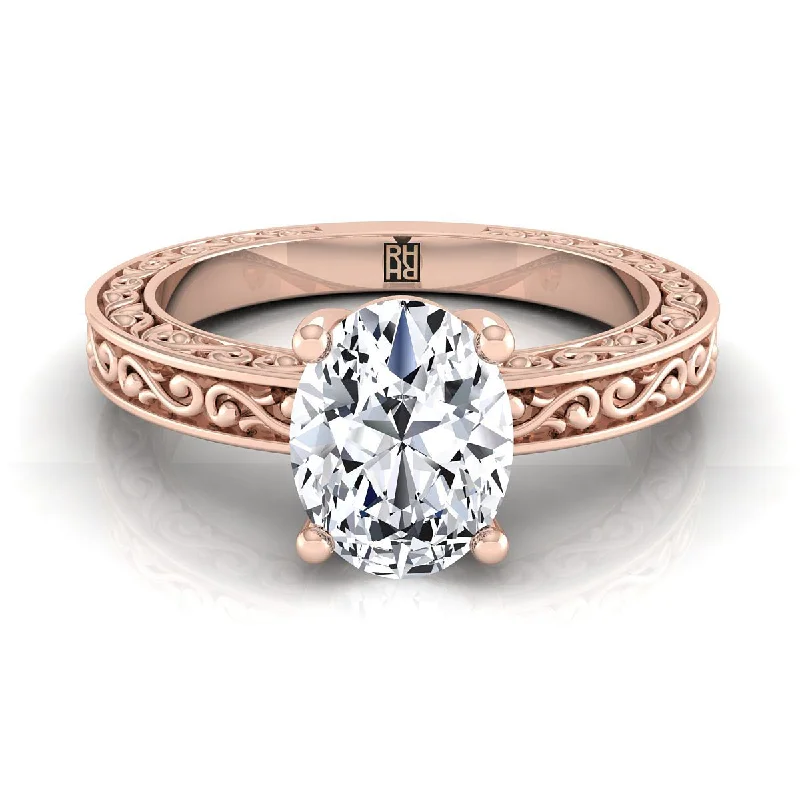 women’s custom wedding bands-14K Rose Gold Oval Hand Engraved Scroll Vintage Solitaire Engagement Ring