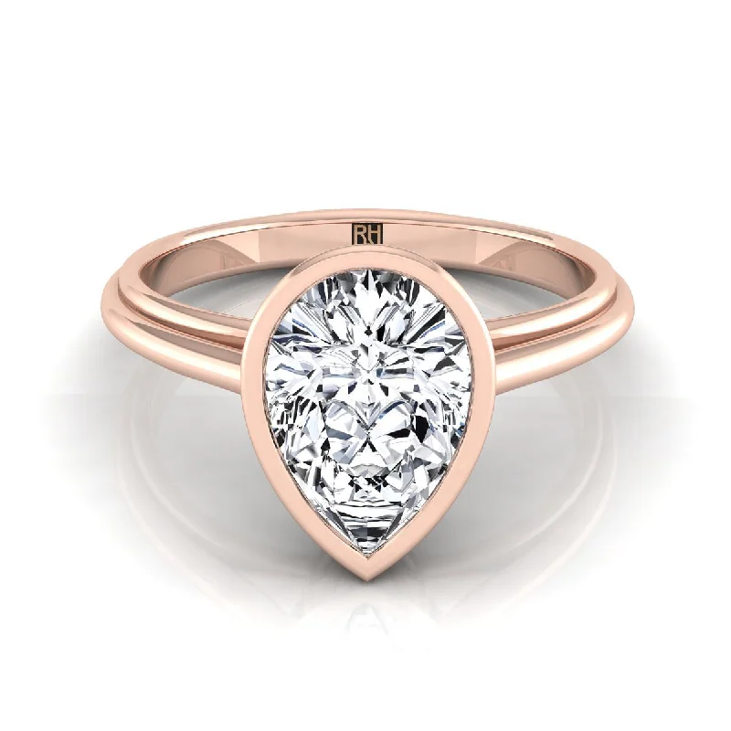 gold engagement rings-14K Rose Gold Pear Shape Center  Bezel Halo Cathedral Solitaire Engagement Ring