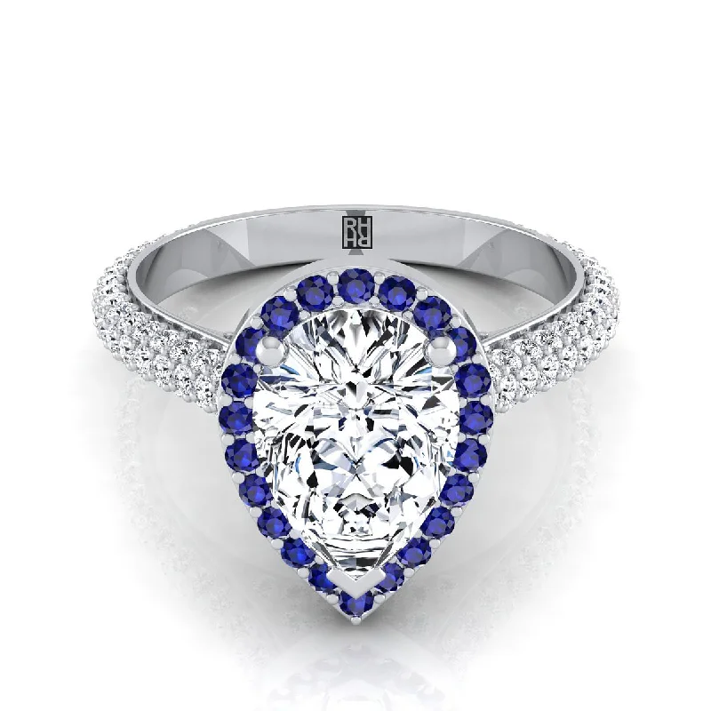 custom gold wedding bands-14K White Gold Pear Shape Center Sapphire Micro-Pavé Halo With Pave Side Diamond Engagement Ring -7/8ctw