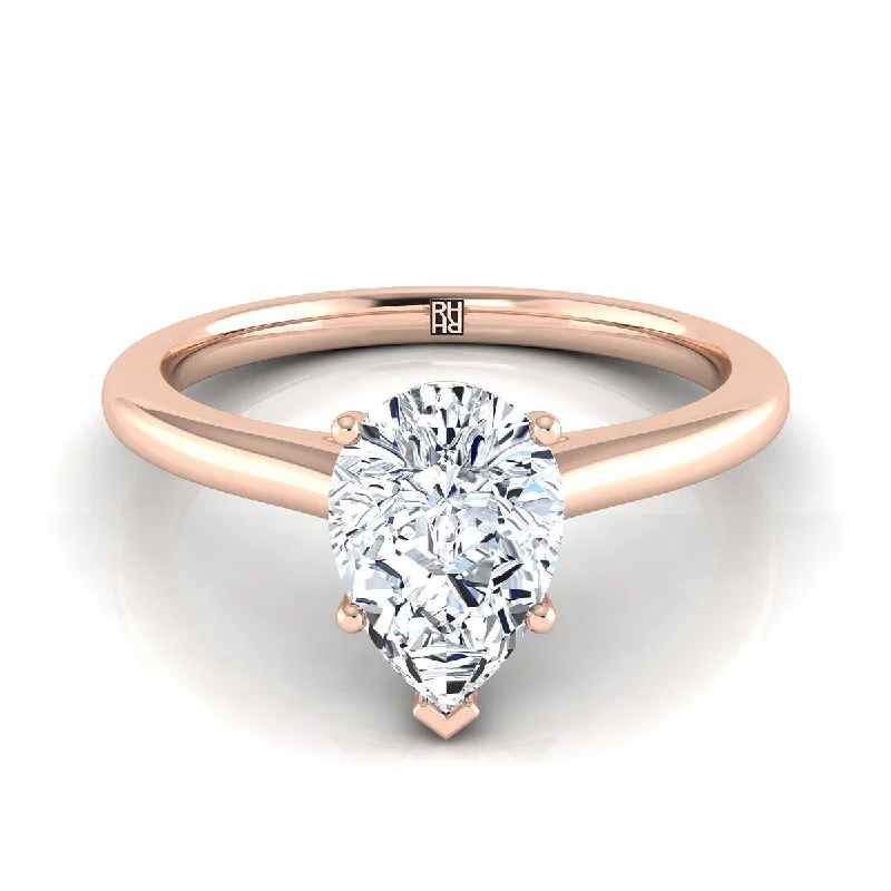 women’s cocktail rings-14K Rose Gold Pear Shape Center  Pinched Comfort Fit Claw Prong Solitaire Engagement Ring