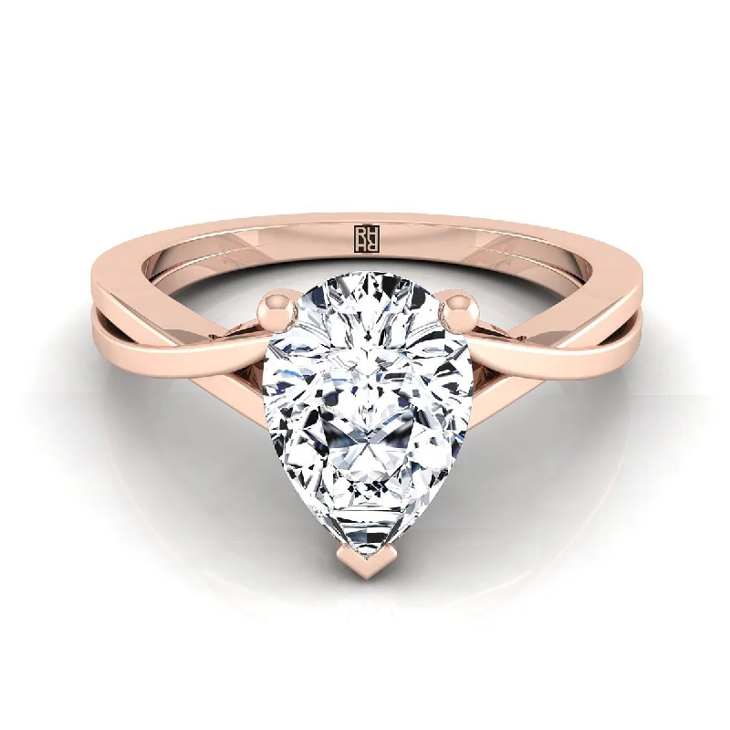 men’s gemstone rings-14K Rose Gold Pear Shape Center Delicate Twist Solitaire Engagement Ring