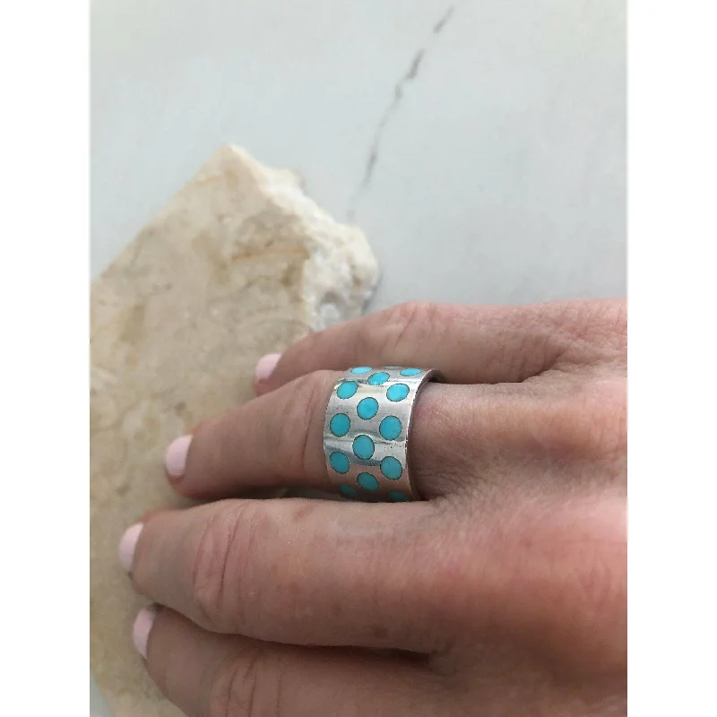 eternity rings for women-Peyote Bird Designs Wide Polka Dot Turquoise Inlay Band