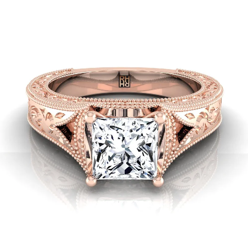 eternity rings with diamonds-14K Rose Gold Princess Cut  Hand Engraved and Milgrain Vintage Solitaire Engagement Ring