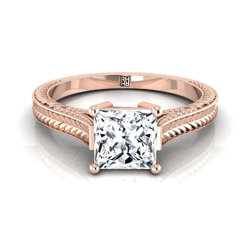 two-tone wedding rings-14K Rose Gold Princess Cut  Hand Engraved Vintage Cathedral Style Solitaire Engagement Ring