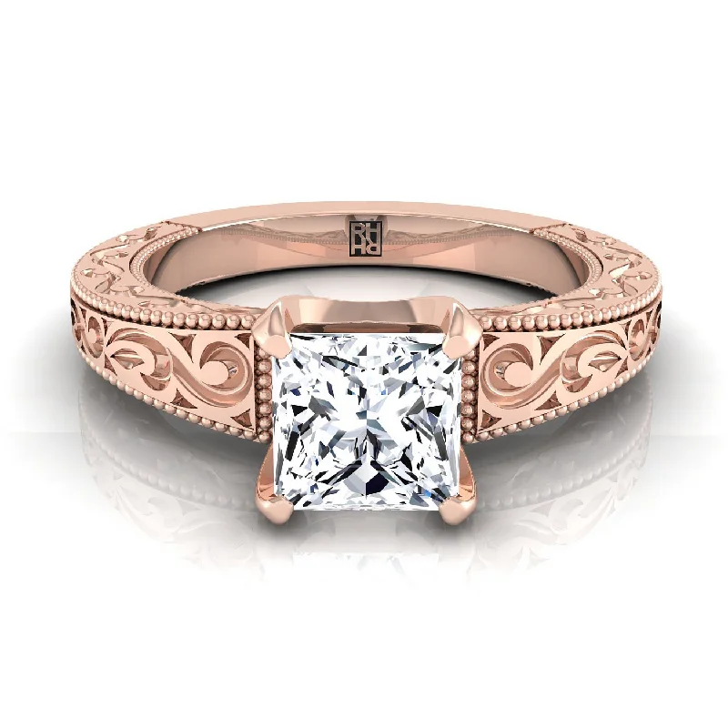 eternity rings for women-14K Rose Gold Princess Cut Hand Engraved Scroll Vintage Solitaire Engagement Ring