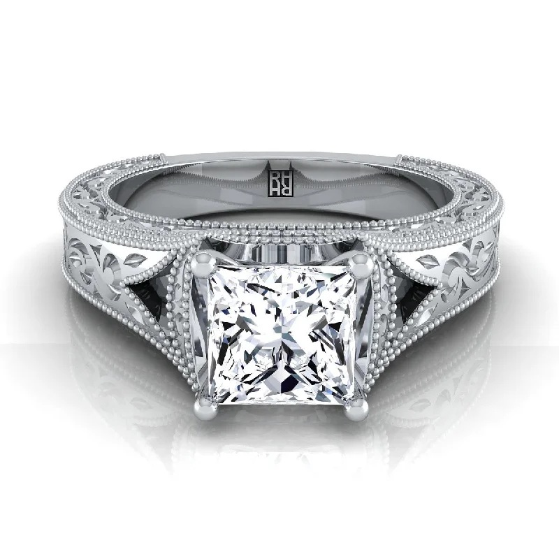 luxury rings for women-14K White Gold Princess Cut  Hand Engraved and Milgrain Vintage Solitaire Engagement Ring