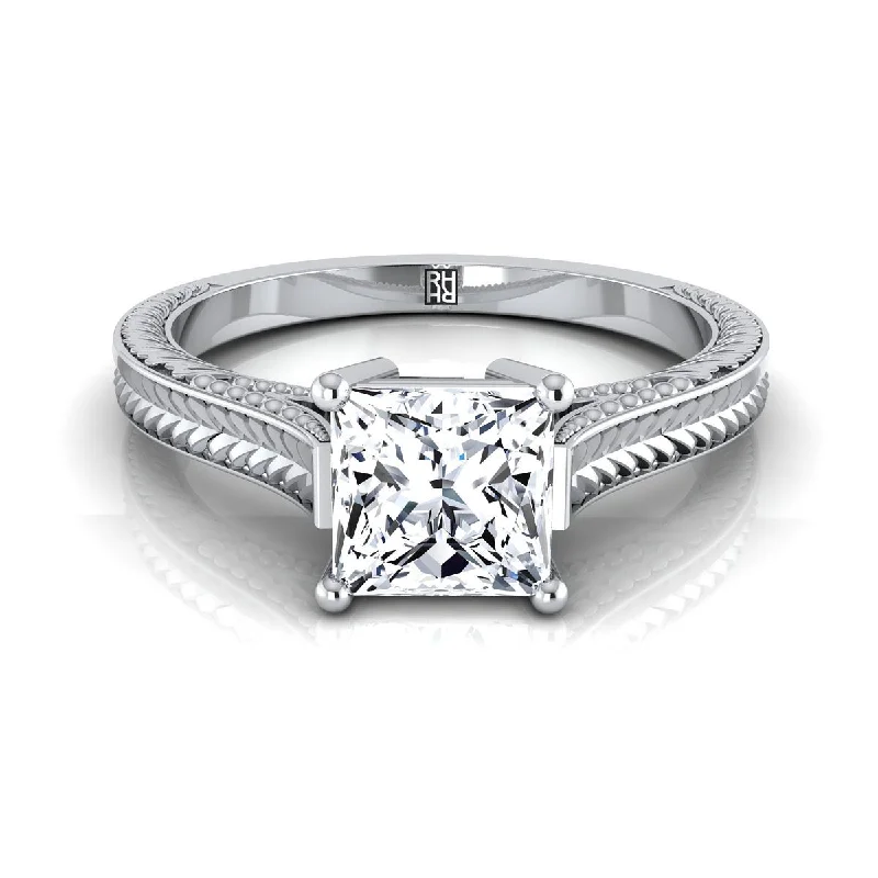 diamond rings for women-14K White Gold Princess Cut  Hand Engraved Vintage Cathedral Style Solitaire Engagement Ring