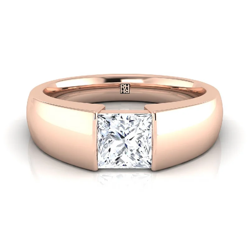 men's rings with gemstones-14K Rose Gold Princess Cut  Wide High Polish Band Tension Set Solitaire Engagement Ring