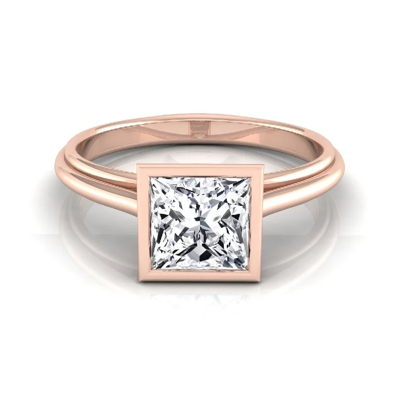 engagement rings for women-14K Rose Gold Princess Cut  Bezel Halo Cathedral Solitaire Engagement Ring