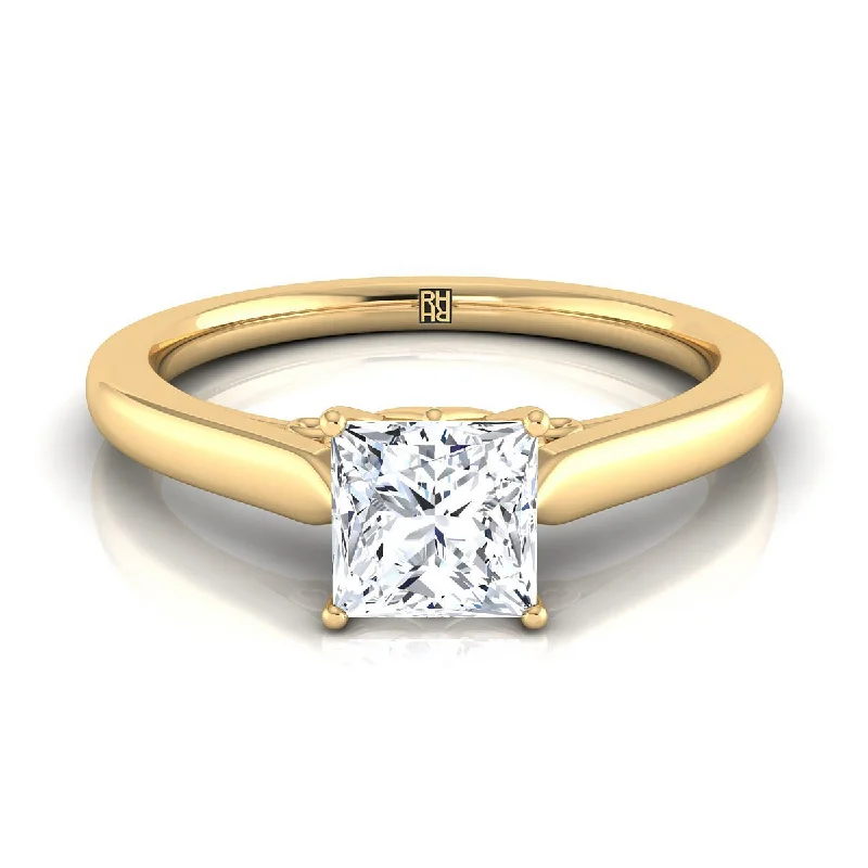 anniversary rings for couples-18K Yellow Gold Princess Cut Scroll Gallery Comfort Fit Solitaire Engagement Ring