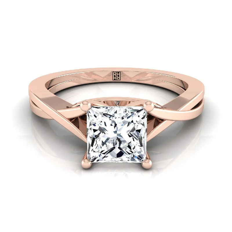 yellow gold engagement rings-14K Rose Gold Princess Cut Delicate Twist Solitaire Engagement Ring