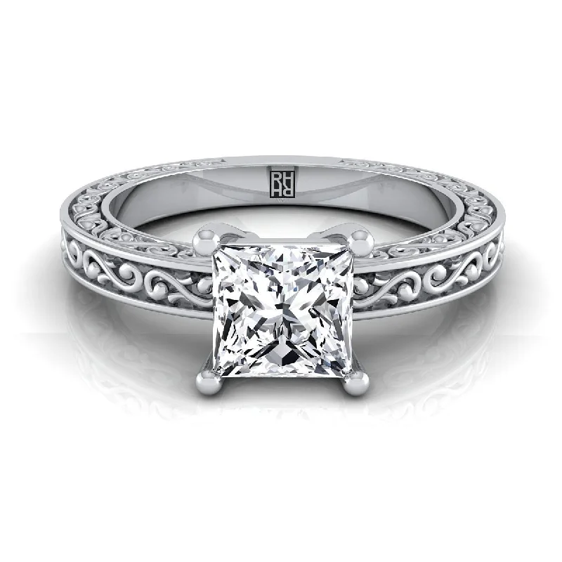 round sapphire rings-14K White Gold Princess Cut Hand Engraved Scroll Vintage Solitaire Engagement Ring