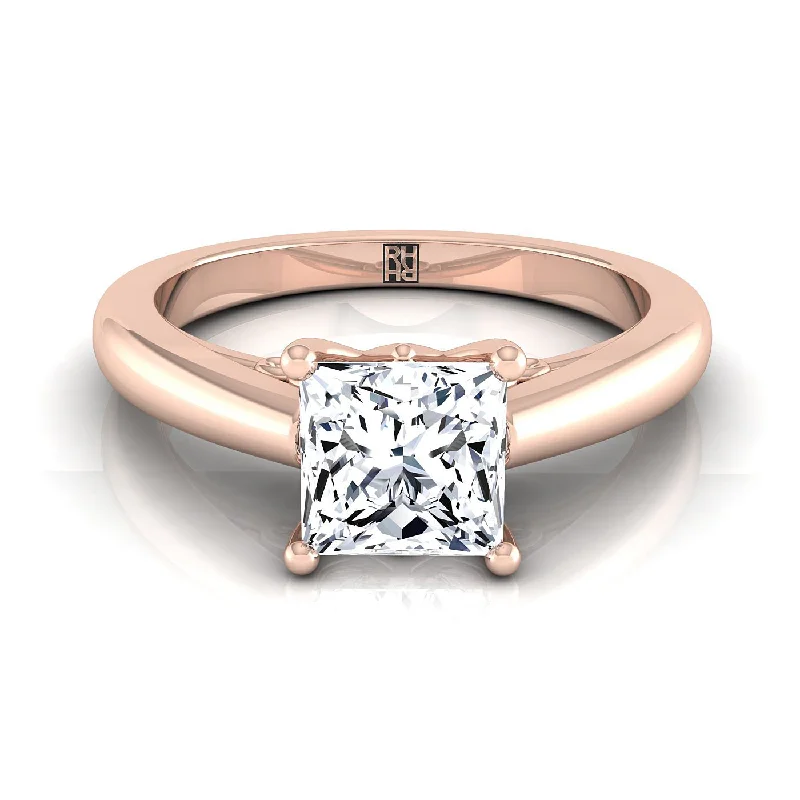 rings for women with large stones-14K Rose Gold Princess Cut Scroll Gallery Comfort Fit Solitaire Engagement Ring