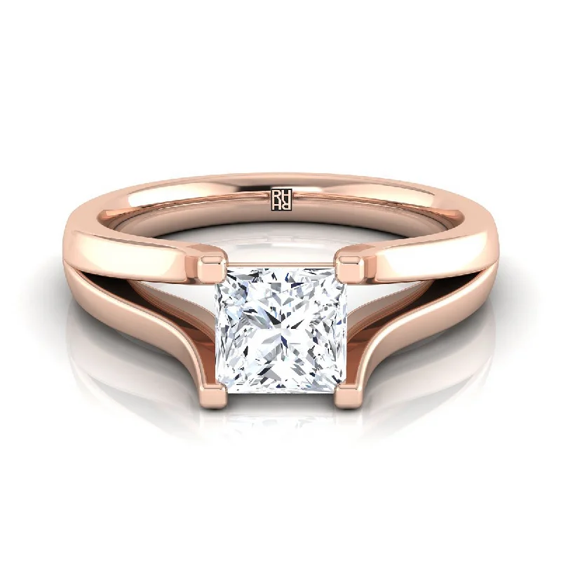 titanium rings for men-14K Rose Gold Princess Cut Modern Split Shank Solitaire Engagement Ring