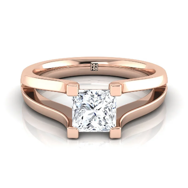 handmade rings for women-14K Rose Gold Princess Cut  Plain High Polish Split Shank Solitaire Engagement Ring