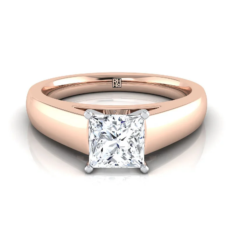 silver engagement rings-14K Rose Gold Princess Cut  High Polished Signet Style Tapered Solitaire Engagement Ring