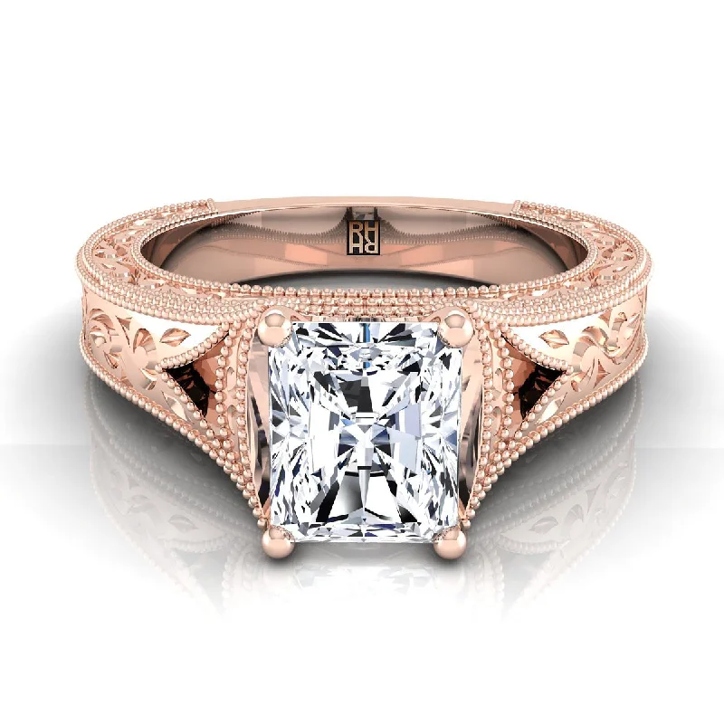 personalized promise rings-14K Rose Gold Radiant Cut Center  Hand Engraved and Milgrain Vintage Solitaire Engagement Ring