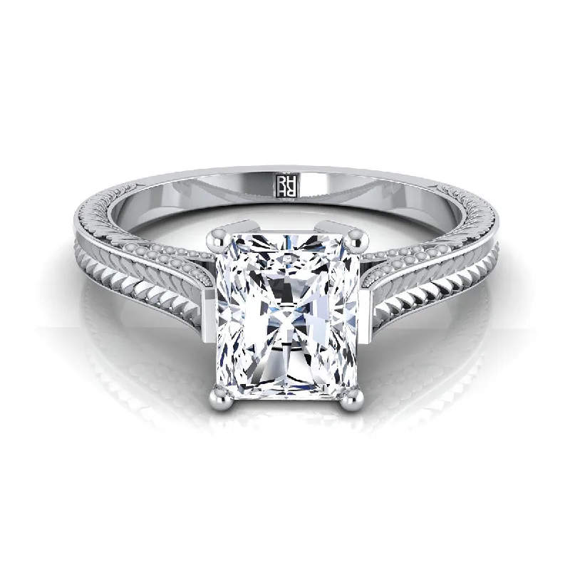 best men’s wedding rings-14K White Gold Radiant Cut Center  Hand Engraved Vintage Cathedral Style Solitaire Engagement Ring