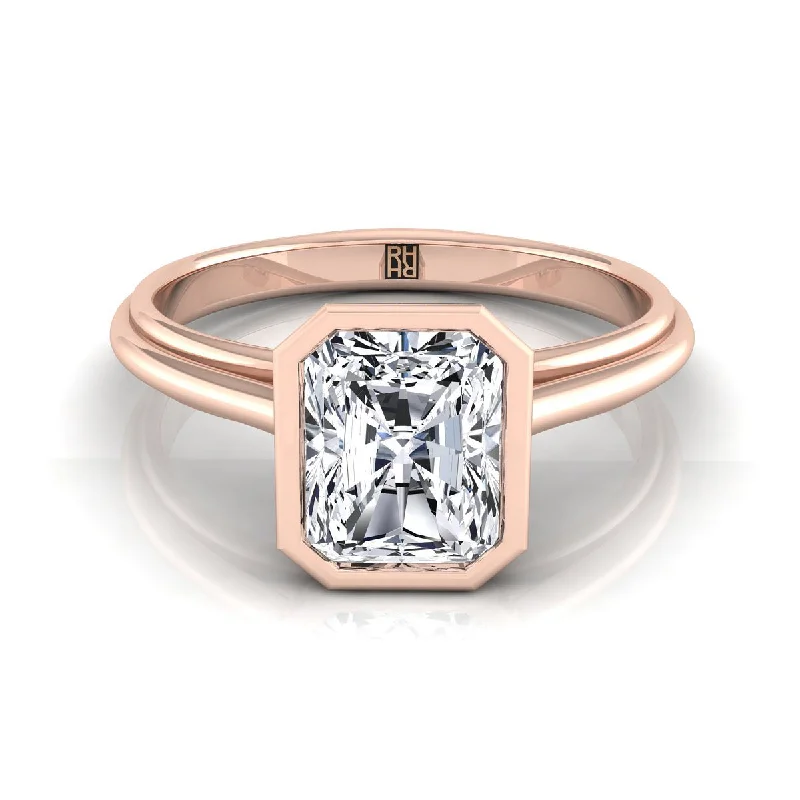 unique wedding rings-14K Rose Gold Radiant Cut Center  Bezel Halo Cathedral Solitaire Engagement Ring