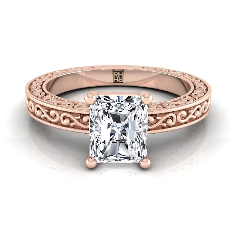 men’s engraved wedding rings-14K Rose Gold Radiant Cut Center Hand Engraved Scroll Vintage Solitaire Engagement Ring