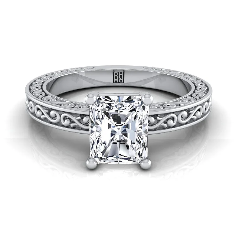 women’s birthstone engagement rings-14K White Gold Radiant Cut Center Hand Engraved Scroll Vintage Solitaire Engagement Ring