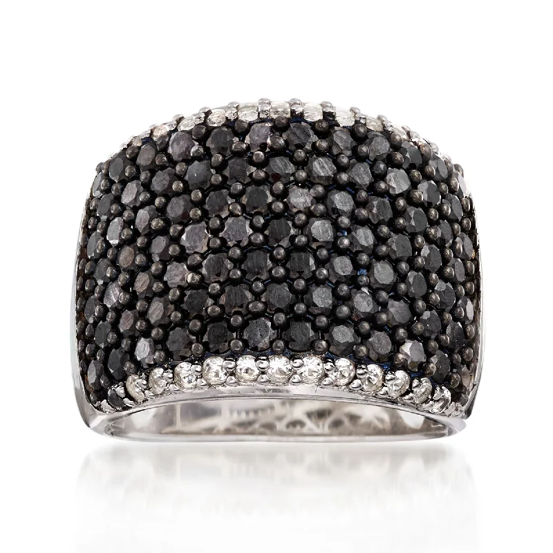 family rings for women-Ross-Simons Black Spinel and . White Topaz Wide Band Ring in Sterling Silver