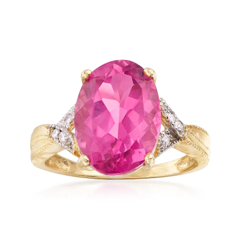 large gemstone rings for women-Ross-Simons Pink Topaz Ring With Diamond Accents in 14kt Yellow Gold