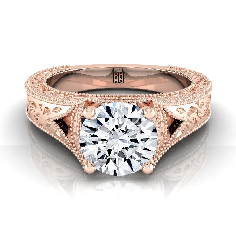 designer engagement rings-14K Rose Gold Round Brilliant  Hand Engraved and Milgrain Vintage Solitaire Engagement Ring