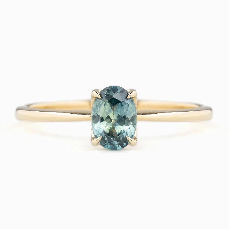 carved rings for men-Sara Ring 0.73ct Blue Green Montana Sapphire, 14K Yellow Gold (One of a kind)