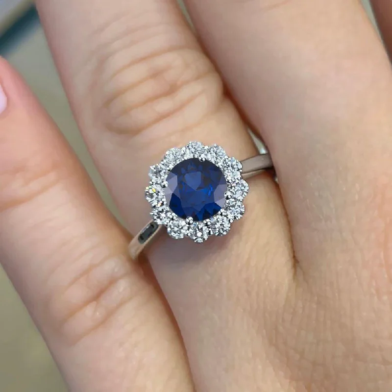 custom engagement bands-1.80 Carat Round Shape Halo Blue Sapphire Engagement Ring