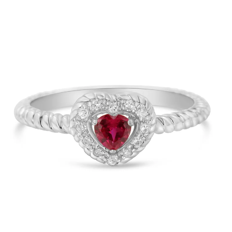 men’s engraved wedding rings-Sterling Silver 4MM Lab Created Ruby Heart and Diamond Accent Heart Ring