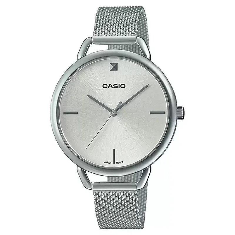 watches with date window for daily reference-Casio Enticer Silver Dial Women 34mm