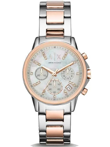 unisex leather strap watches for couples-Armani Exchange Chronograph Silver Dial Women 36mm