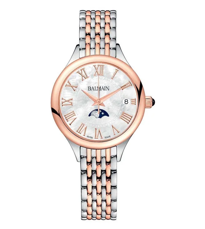 watches with 24-hour dial-Balmain Moon Phase Mother Of Pearl Dial Women 31mm